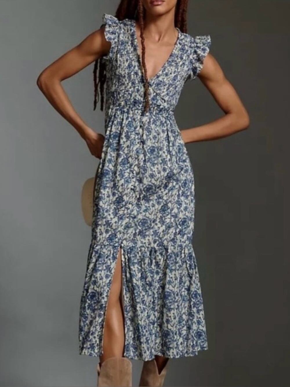 Anthropologie Peregrine Blue Floral Smocked Dress Flutter Sleeve Midi NWOT Sz M